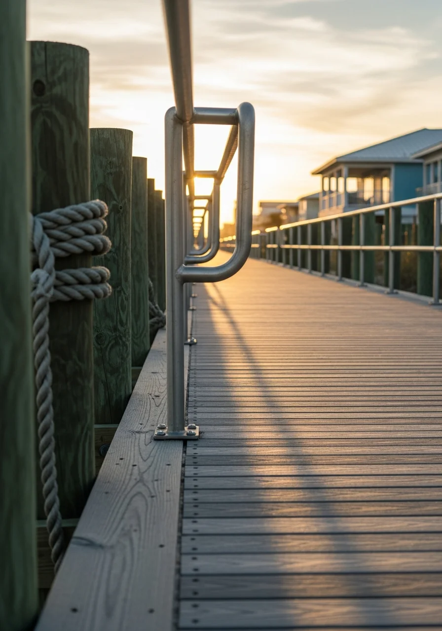 Beachfront property detail showing salt-resistant materials and coastal design elements.