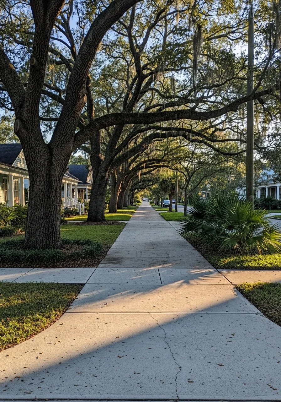 Residential street in Jacksonville neighborhood with mature oak trees and varied home styles.
