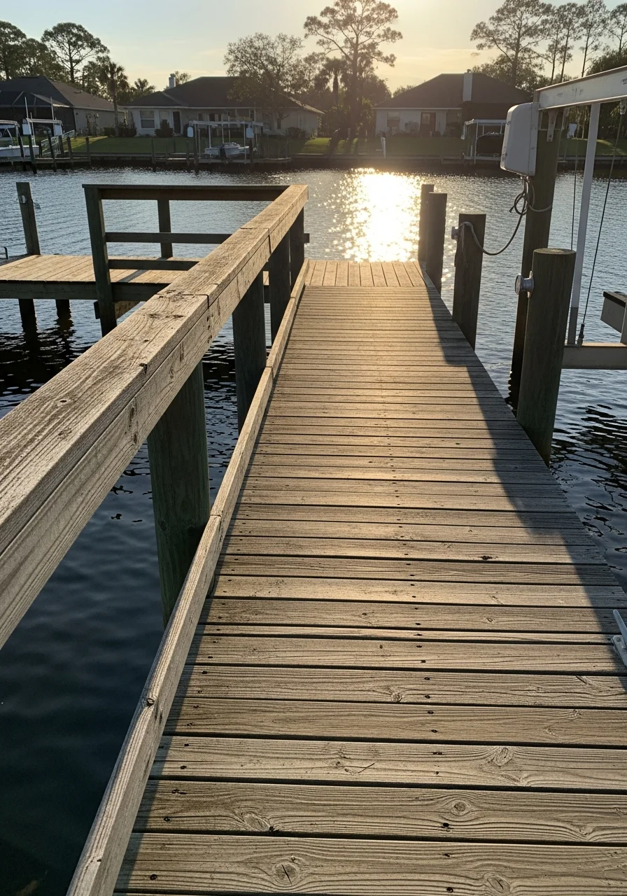Waterfront property in Orange Park with dock and river view among residential homes.