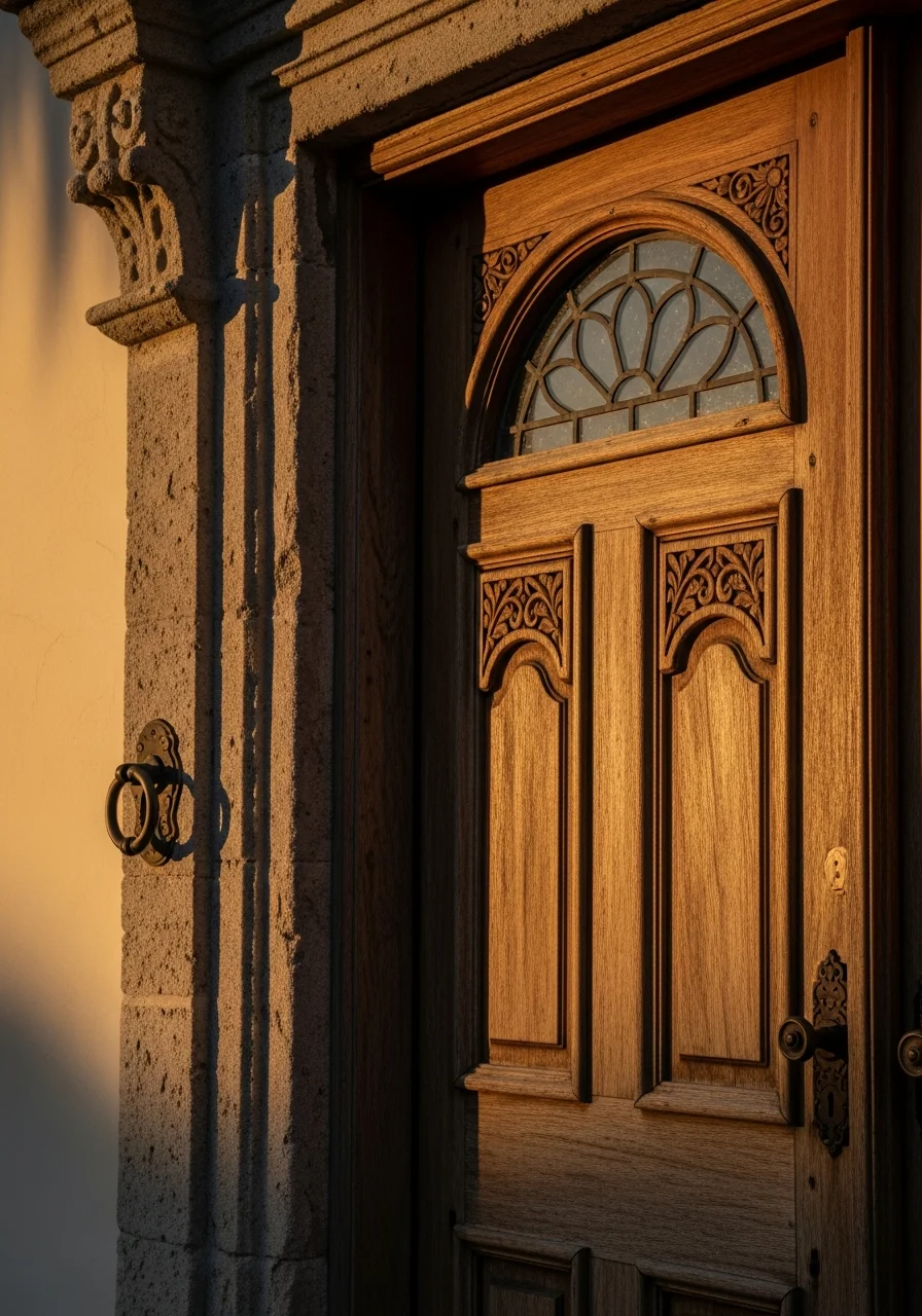 Close-up of ornate wooden door and transom window on a historic St. Augustine building.