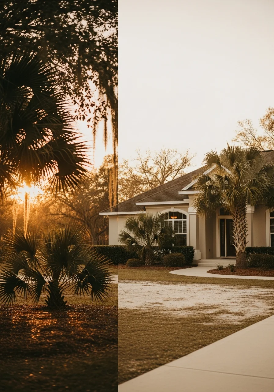 Yulee home exterior showing rural setting with natural landscaping and spacious grounds.