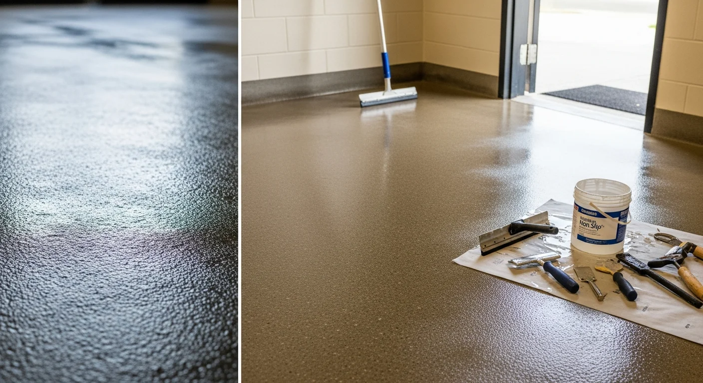 A commercial floor in a St. Augustine restaurant entryway treated with non-slip safety flooring, showing a clean, low-gloss surface near the front door. The floor is dry and clear of hazards, with visible foot traffic patterns from daily customer use.
