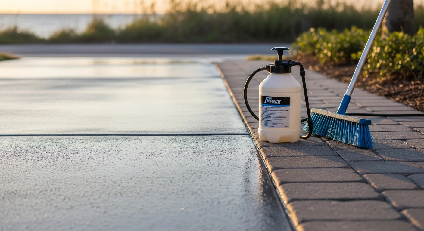 Freshly sealed concrete driveway at a St. Augustine residential property, showing a clean, even surface finish with no visible staining or moisture damage. The sealed surface reflects Florida's bright sunlight while retaining a natural concrete texture.