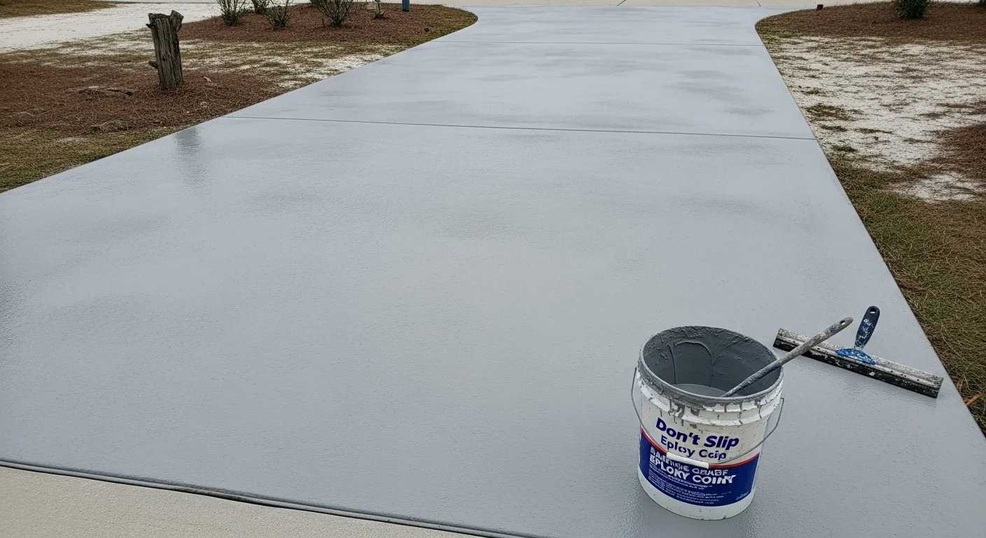 A freshly coated concrete driveway at a residential property in St. Augustine, Florida, showing a clean, textured surface with no staining or fading. The coating reflects the bright Florida sun while providing a slip-resistant finish.
