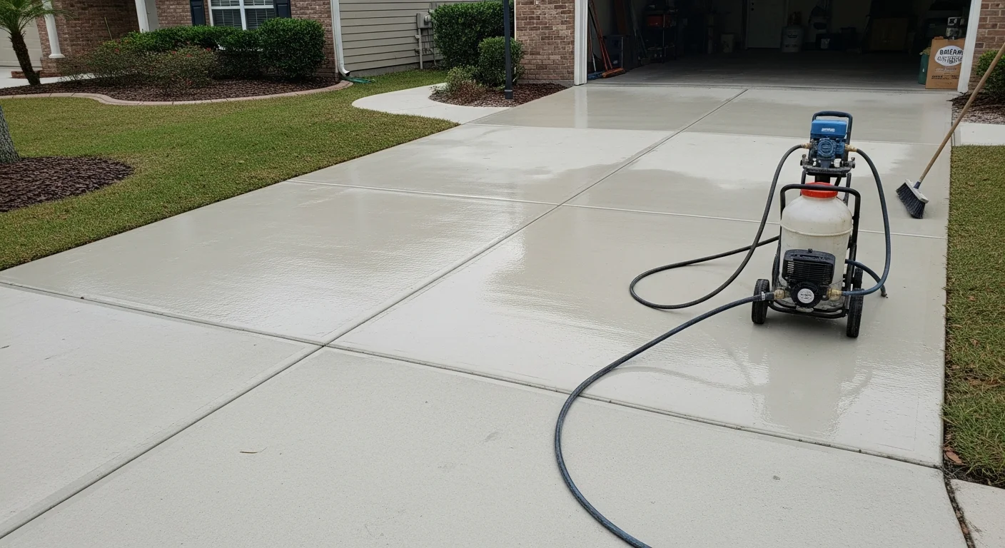 A freshly sealed residential driveway in St. Augustine, Florida, showing a clean, uniform dark surface free of algae staining or surface cracks. The sealed pavement contrasts with the surrounding coastal landscaping typical of St. Johns County homes.