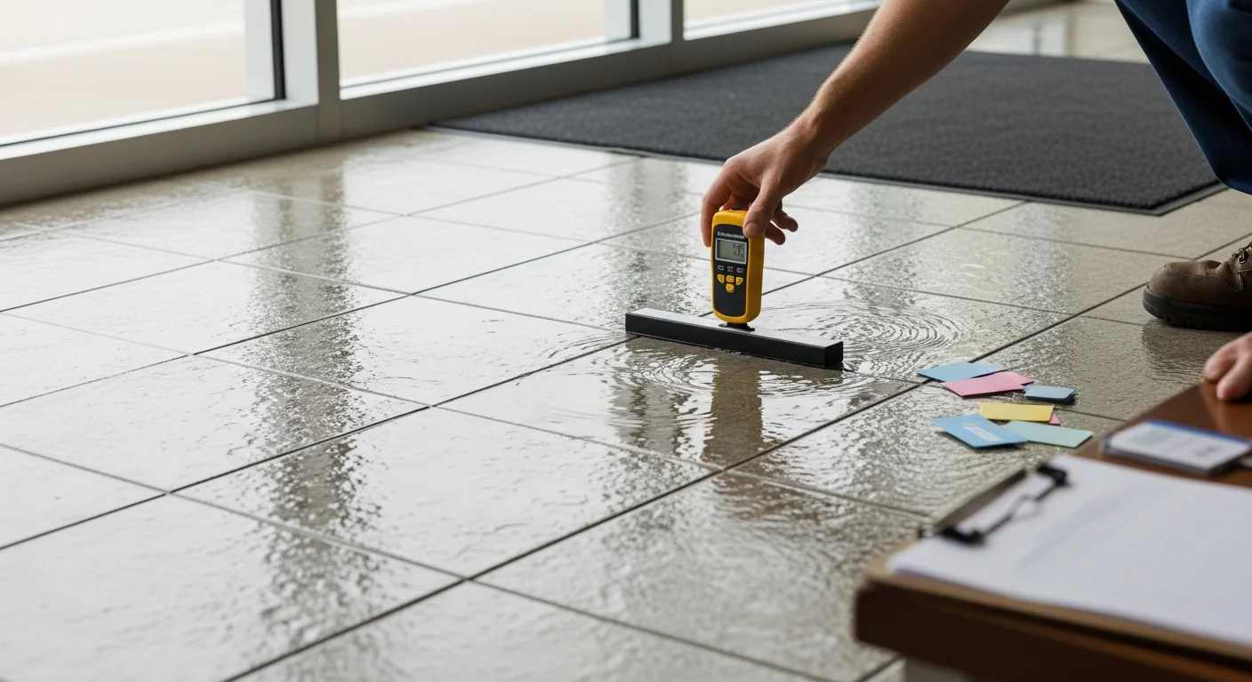A Don't Slip safety specialist examining a tile floor surface inside a St. Augustine commercial property, checking traction and surface wear near a building entryway. Assessment tools and a written checklist are visible on the floor beside the technician.