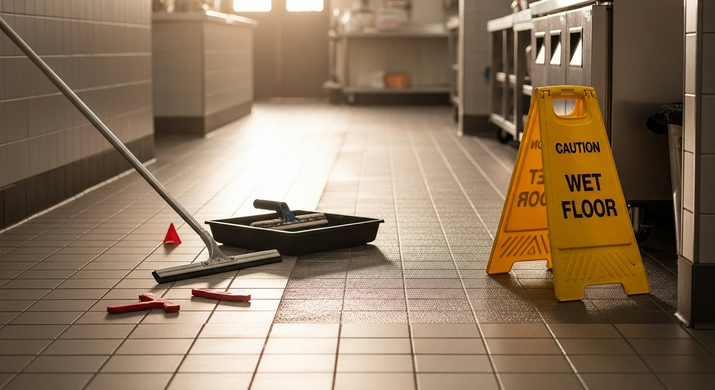 A treated commercial floor surface inside a St. Augustine business showing improved traction finish at a high-foot-traffic entryway. A Don't Slip safety flooring application visible on a wet-prone tile floor in a coastal Florida commercial property.