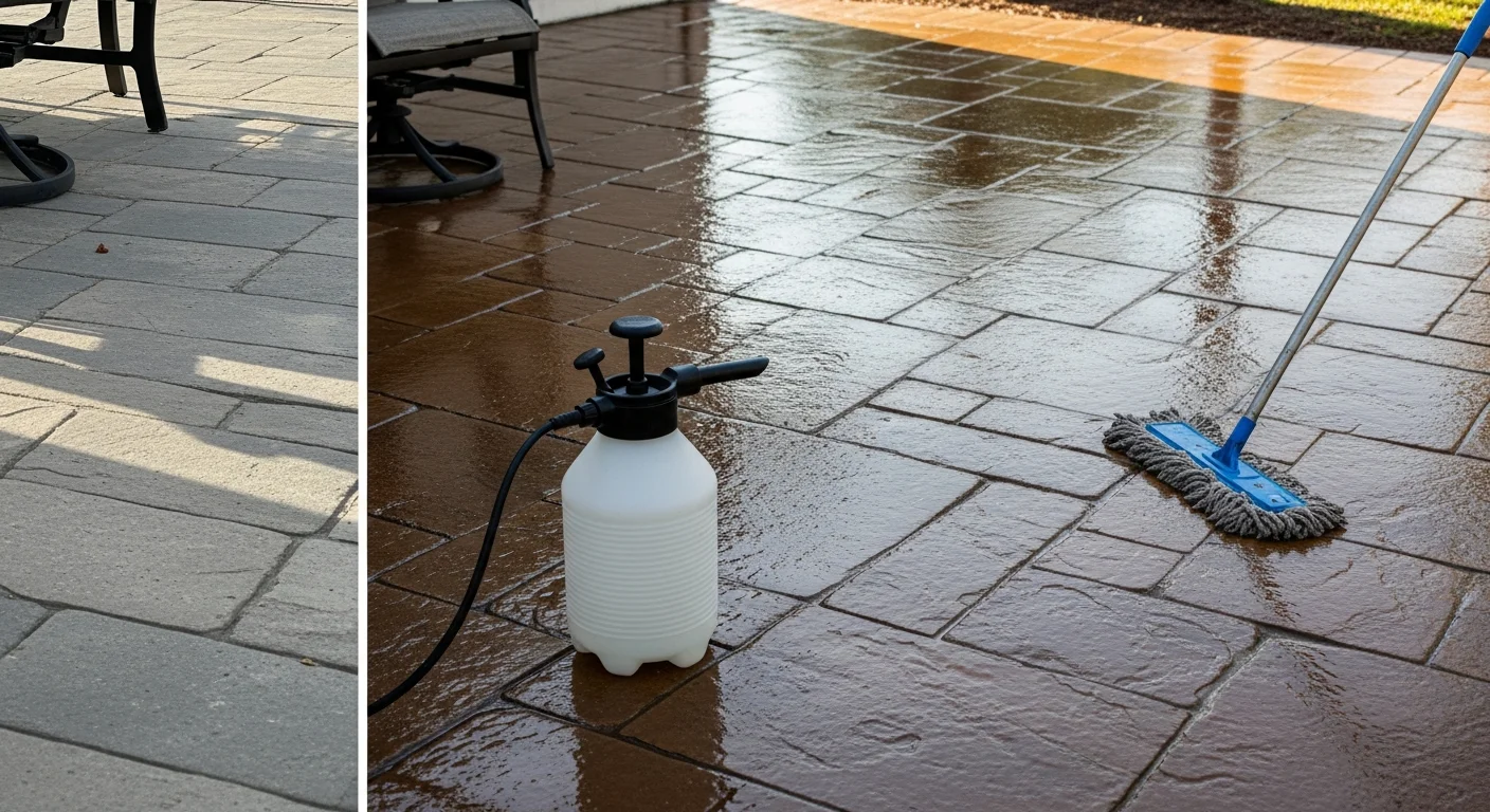 A sealed natural stone patio surface in St. Augustine, Florida, showing clean, even stone with no algae staining or salt residue. Water beads on the surface, indicating a fresh penetrating sealer application on an outdoor coastal property.