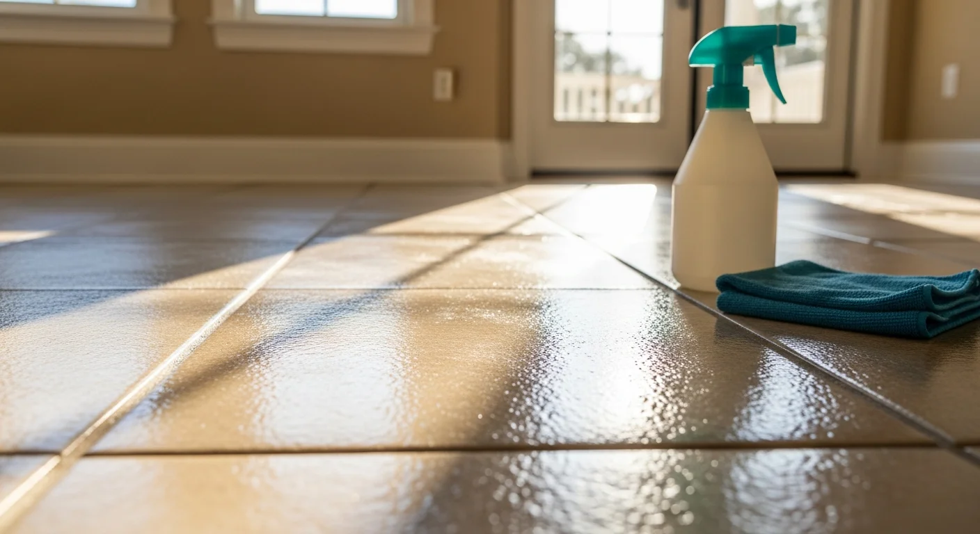 A wet ceramic tile bathroom floor in a St. Augustine home after non-slip treatment, showing no visible coating change on the surface. Close-up view highlights the clean, dry tile with improved traction texture.