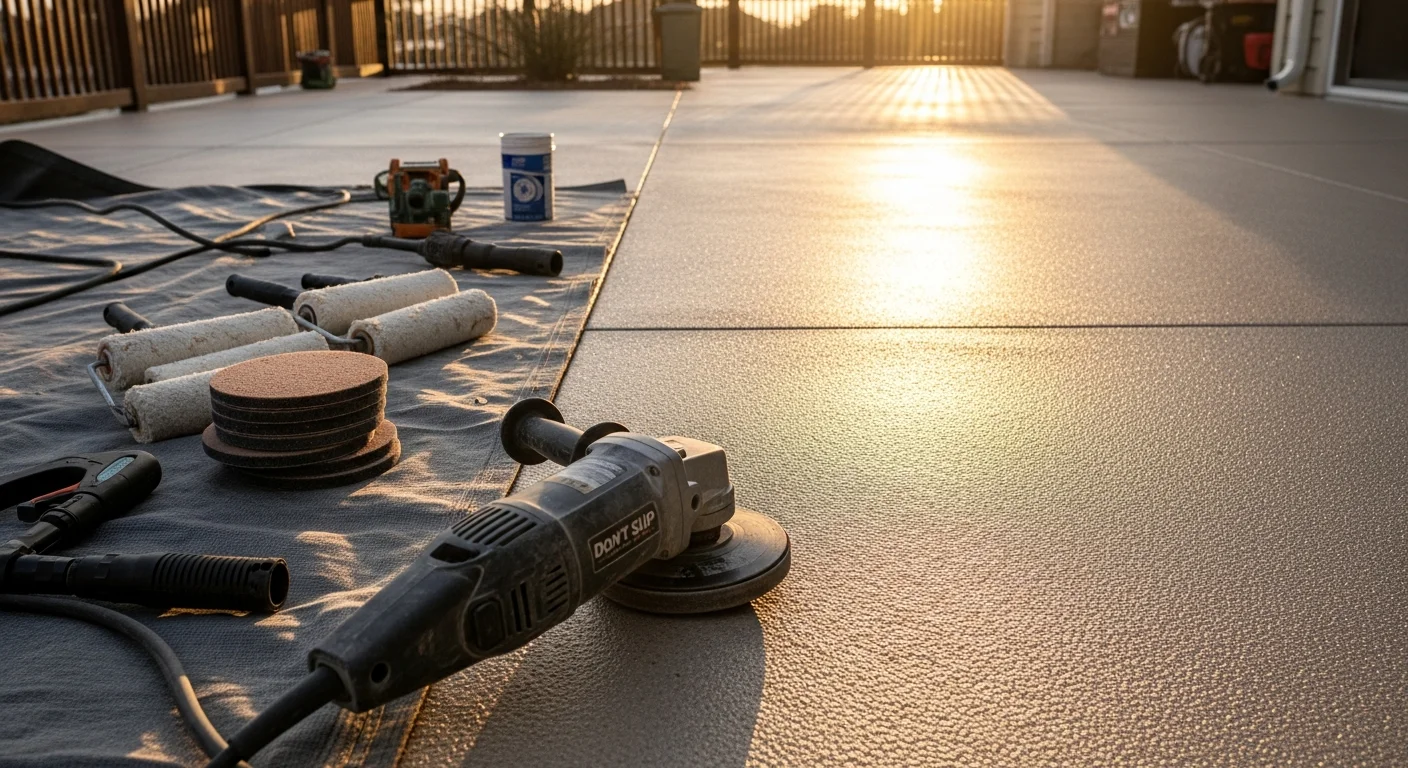 A freshly coated residential concrete patio in St. Augustine, Florida, showing a clean slip-resistant surface with a uniform finish. The outdoor space is surrounded by typical Florida landscaping under bright sunlight.
