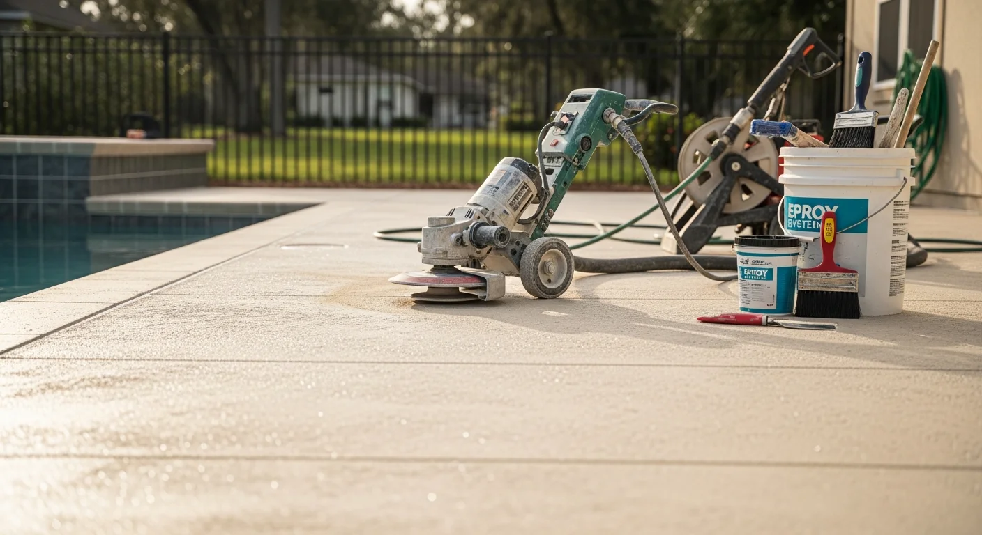 A freshly coated residential pool deck in St. Augustine, Florida, showing a textured, light-colored slip-resistant surface surrounding a backyard pool. The coating covers the full concrete slab with a clean, even finish suited for Florida's outdoor conditions.