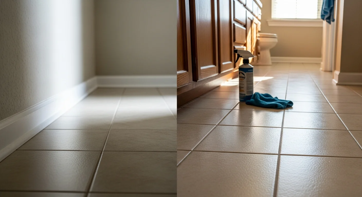 Close-up of a treated tile bathroom floor in a St. Augustine residential home, showing a dry surface with improved grip texture. A safety flooring application is visible across the tile field near the shower entry.