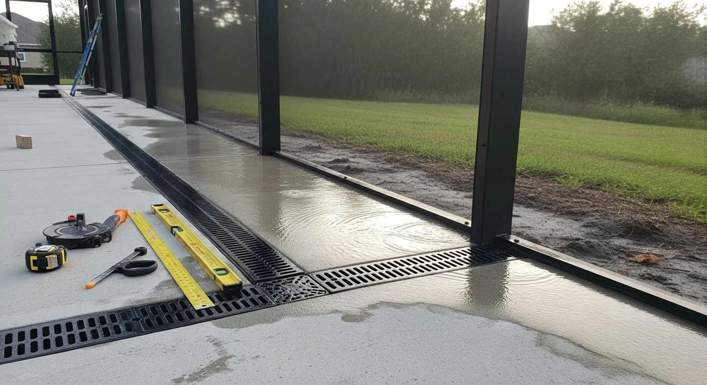 A dry, clean lanai deck inside a St. Augustine screen enclosure after a rain event, showing a flush-mounted floor drain installed at the low point of the slab. The surrounding pool cage framing and screened walls are visible in the background.