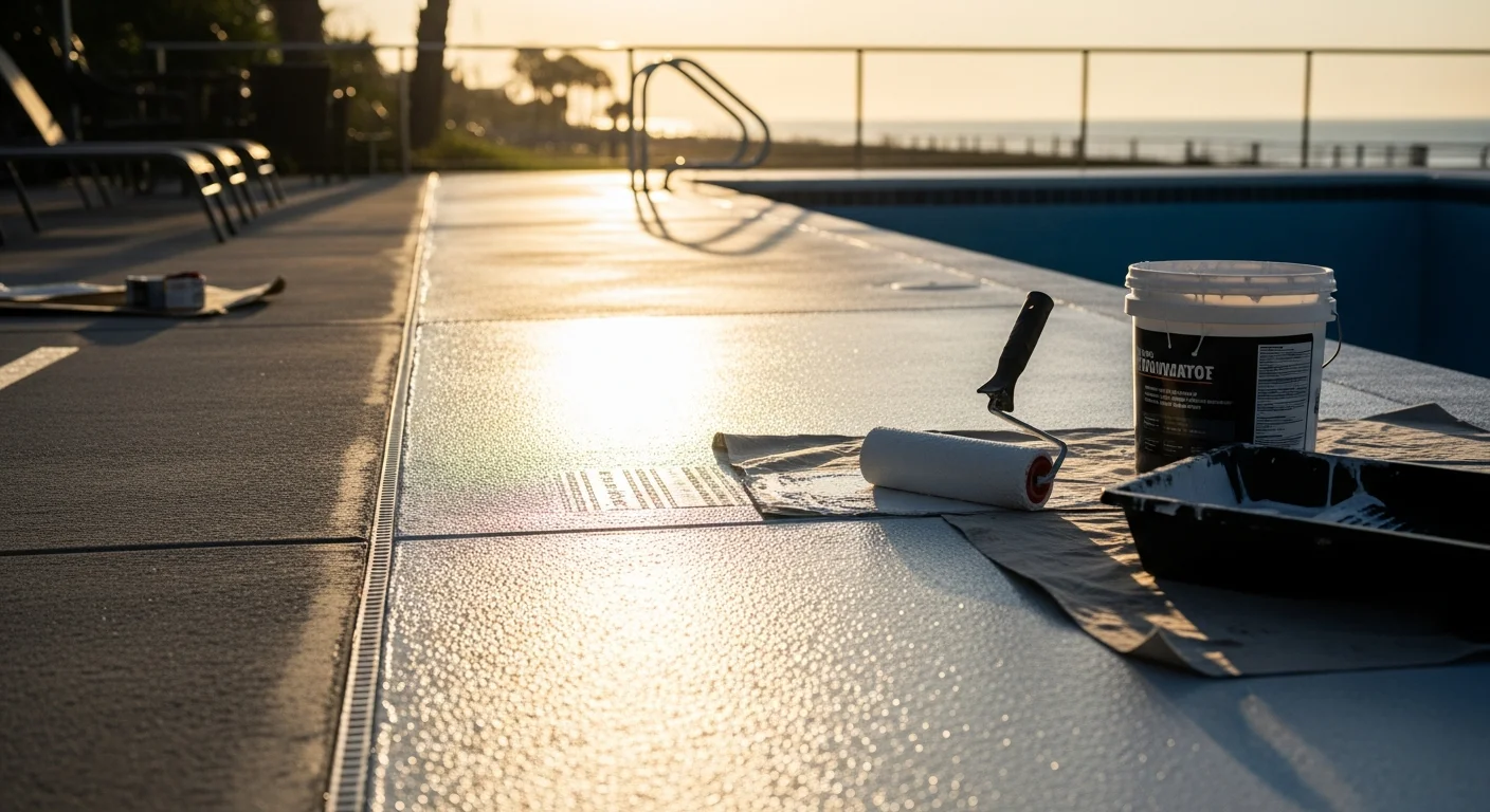 A treated concrete pool deck surface in St. Augustine, Florida showing a slip-resistant coating applied to a wet outdoor area. Close-up view highlights the textured finish left by the safety coating application.