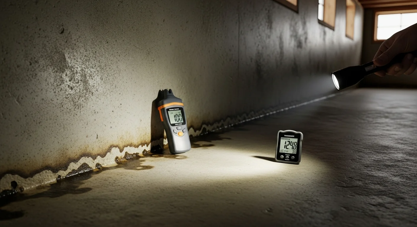 A waterproofing consultant inspecting the crawl space beneath a residential home in St. Augustine, Florida, checking for moisture intrusion and drainage issues along the foundation walls.